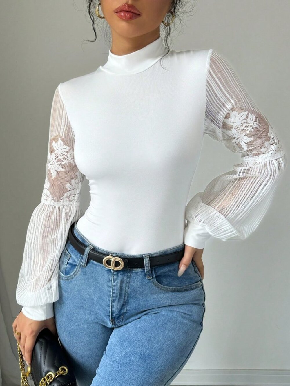 White Elegant Women's Lace Patchwork High Neck Long Sleeve Skinny Bodysuit - Picture 5 of 7